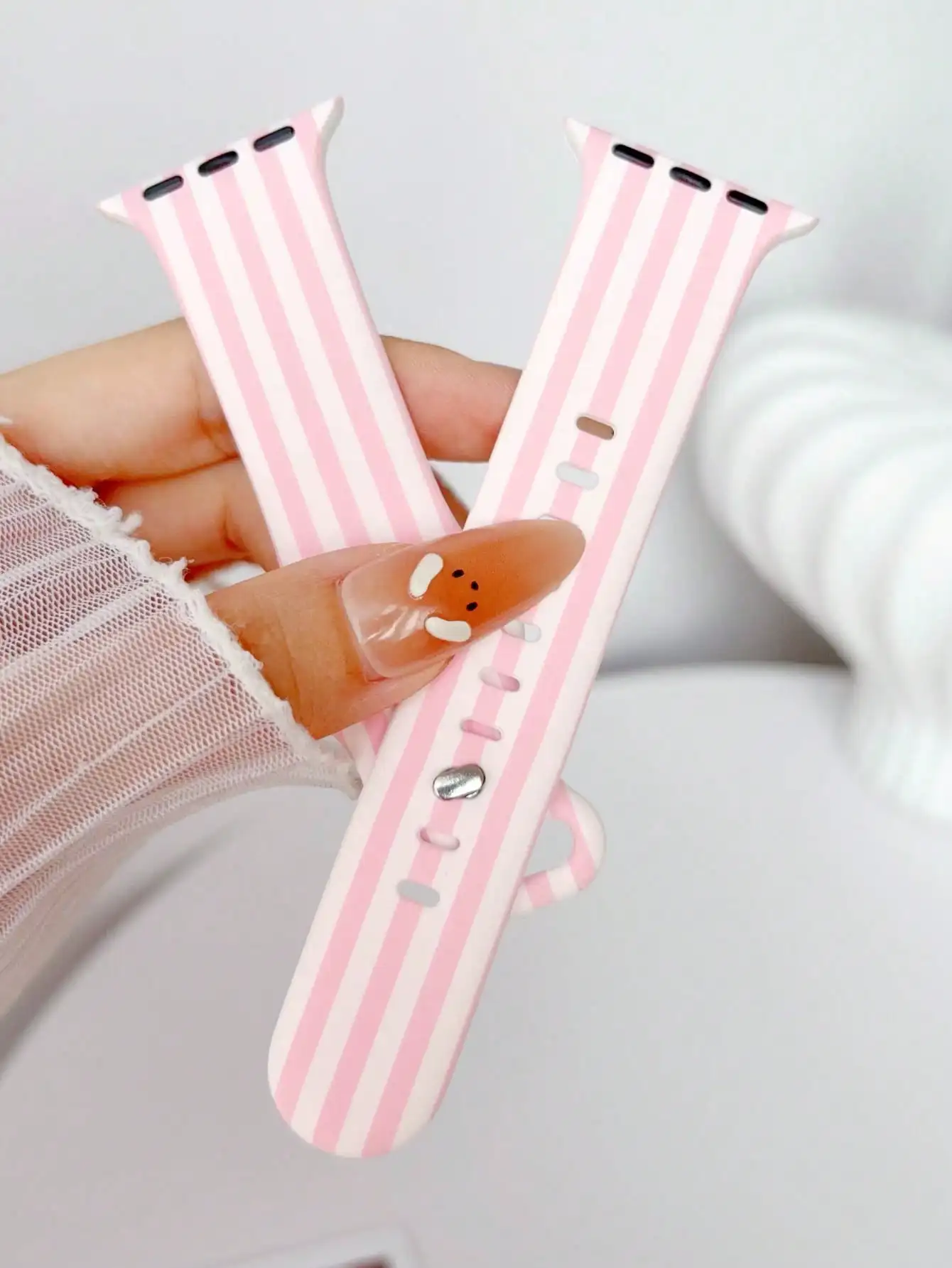 Silicone Sport Band - 1pc White & Pink Striped Pattern