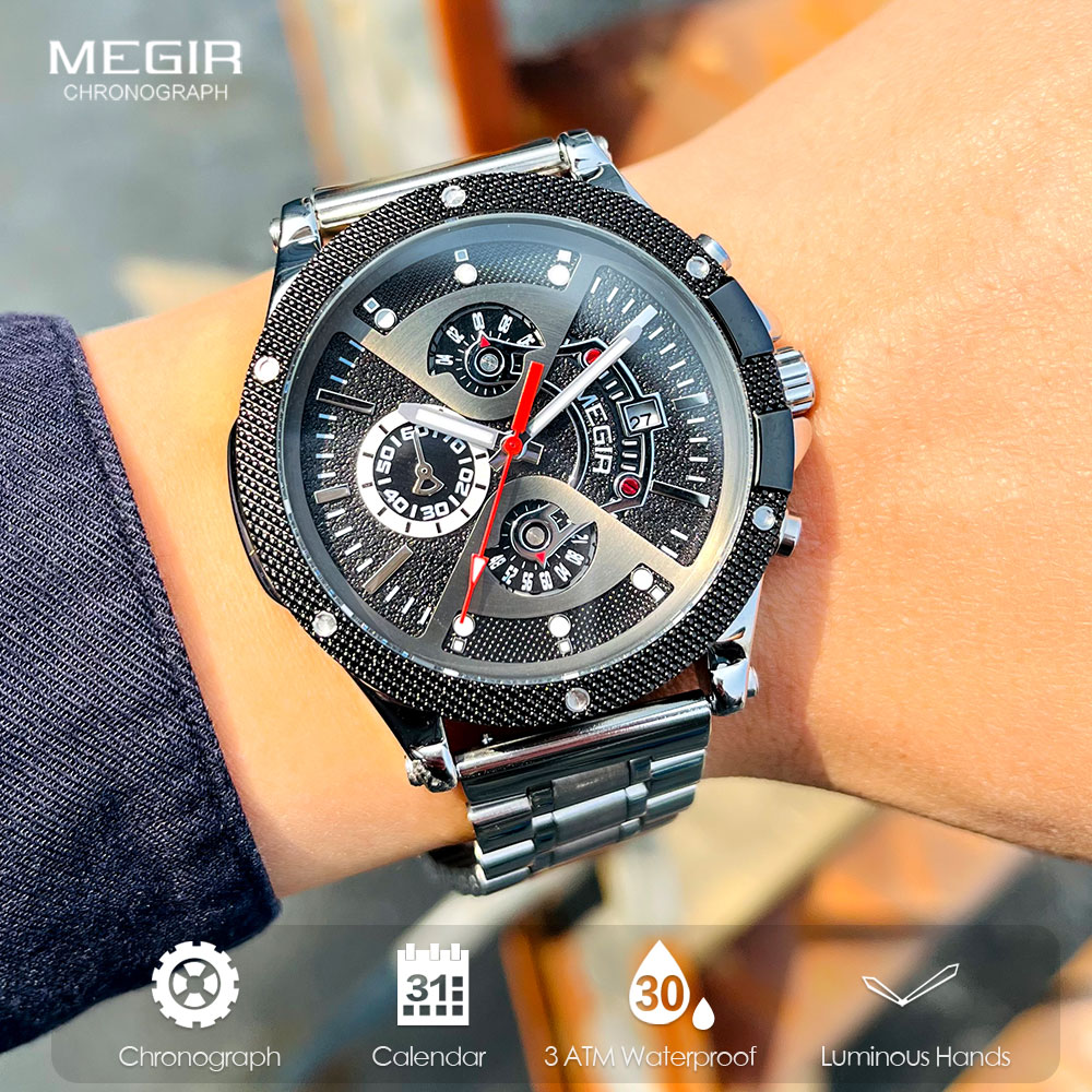 MEGIR Silver Black Watch Men S - Silicone Sport Band 评论和价格