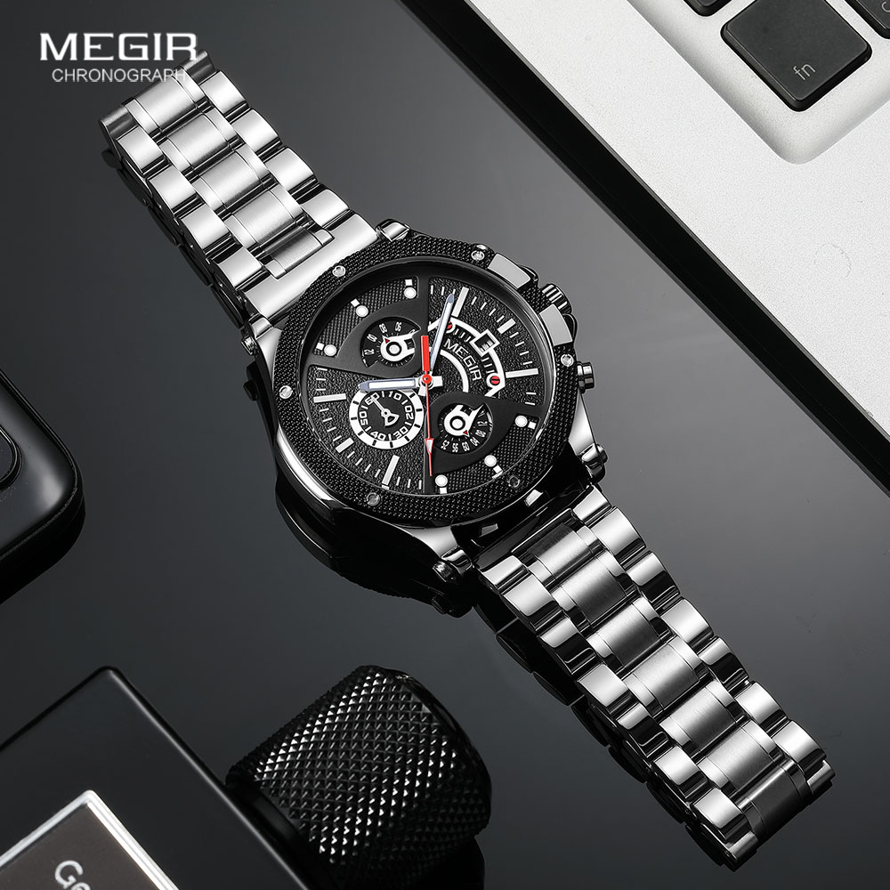 MEGIR Silver Black Watch Men S - Silicone Sport Band 评论和价格